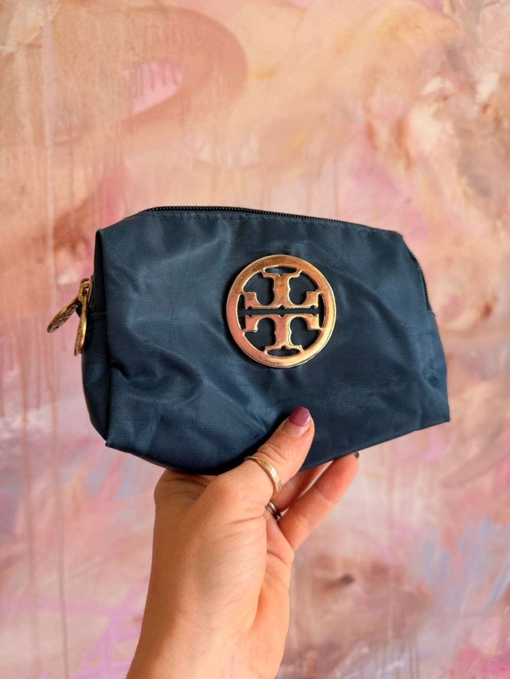 Tory Burch Navy Cosmetic Case with Gold Logo Medallion